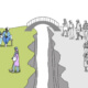 The same illustration, but the chasm now has a bridge over it. The people on the right side of the chasm are beginning to cross over to the left side.