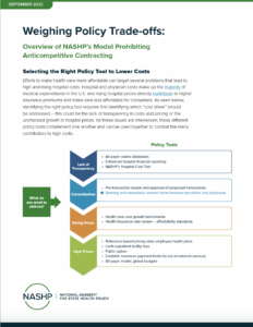 Anticompetitive-Contracting-Brief_Cover Cover of brief titled Weighing Policy Trade-offs: Overview of NASHP's Model Prohibiting Anticompetitive Contracting